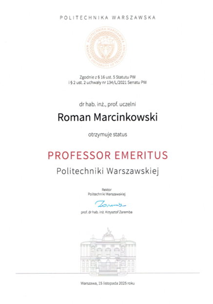 dyplom Professor Emeritus R. Marcinkowski